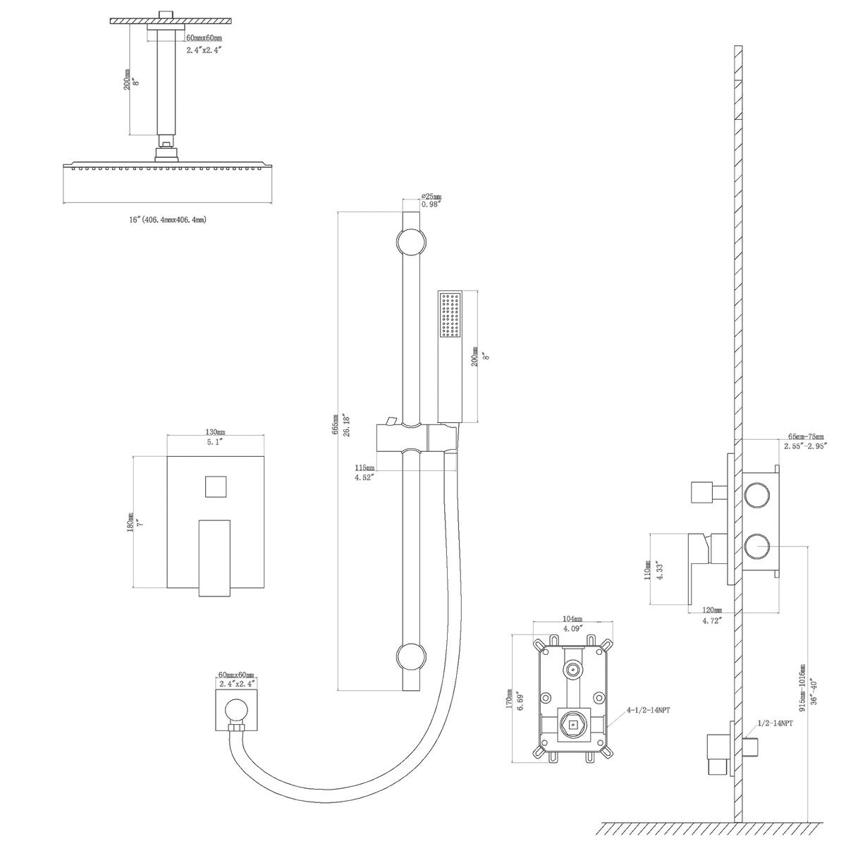 2-Spray Patterns with 16 in.Ceiling Mount Dual Shower Heads