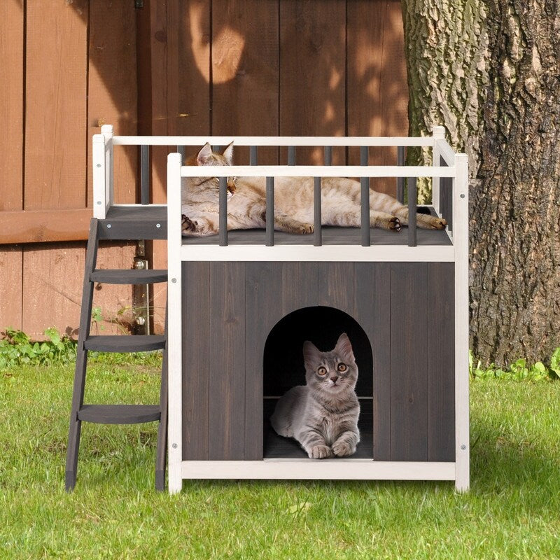 2-Story Wooden Feral Cat House Dog House for Outdoor and Indoor, Pet House with Stairs
