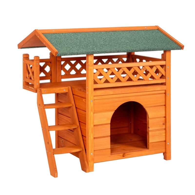 2-Story Wooden Feral Cat House Dog House for Outdoor and Indoor, Pet House with Stairs