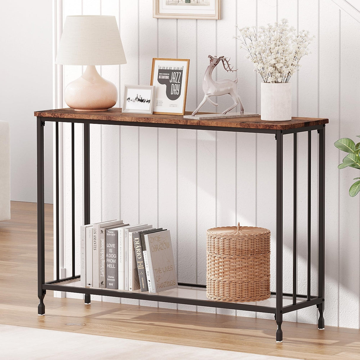 2 Tier Retro Console Table with Glass Shelf Storage