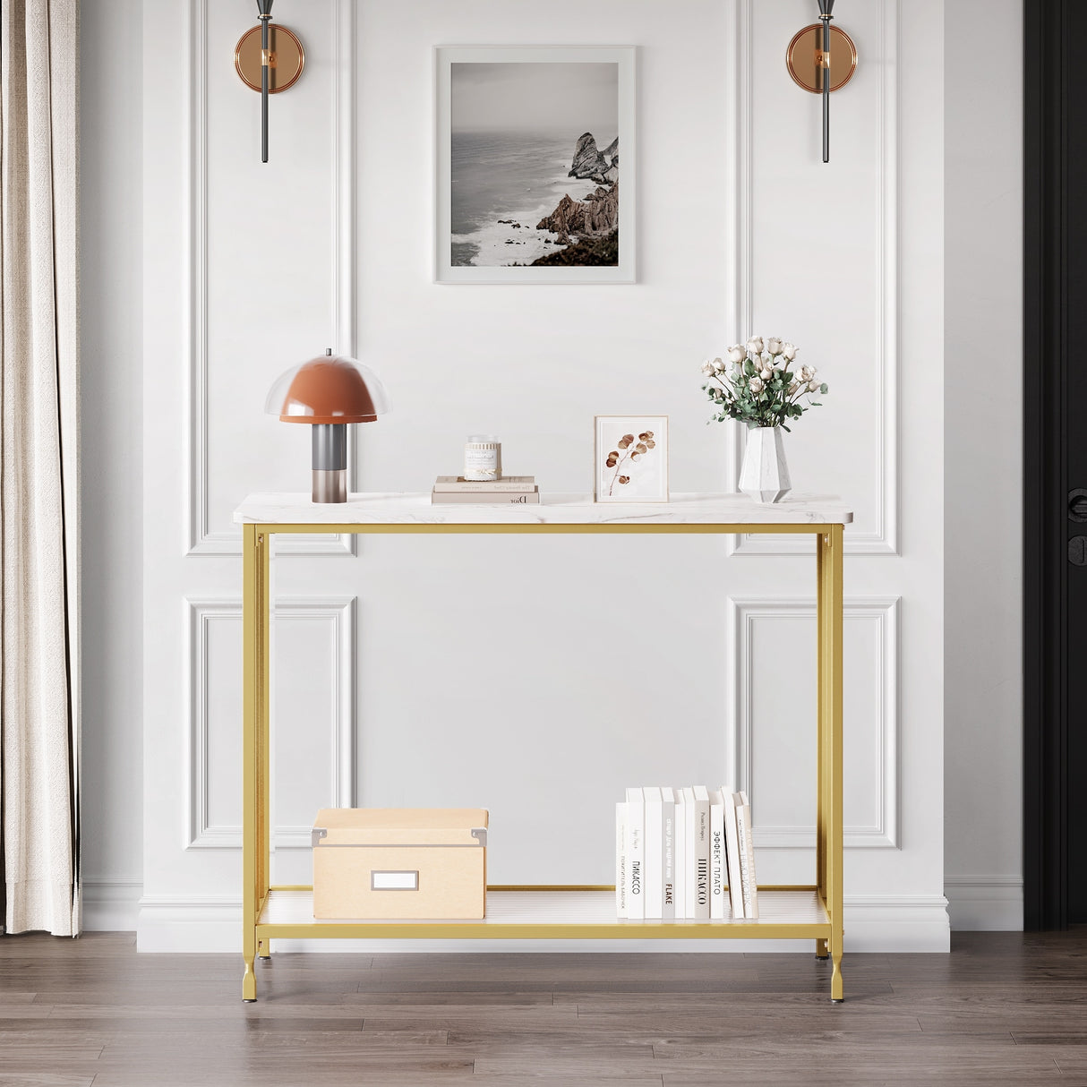 2 Tier Retro Console Table with Glass Shelf Storage
