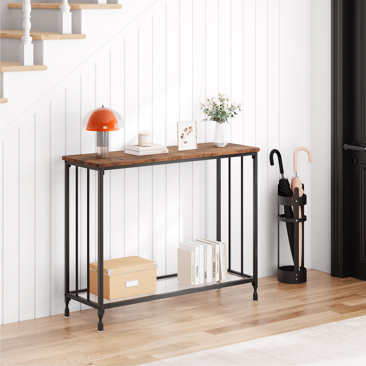 2 Tier Retro Console Table with Glass Shelf Storage
