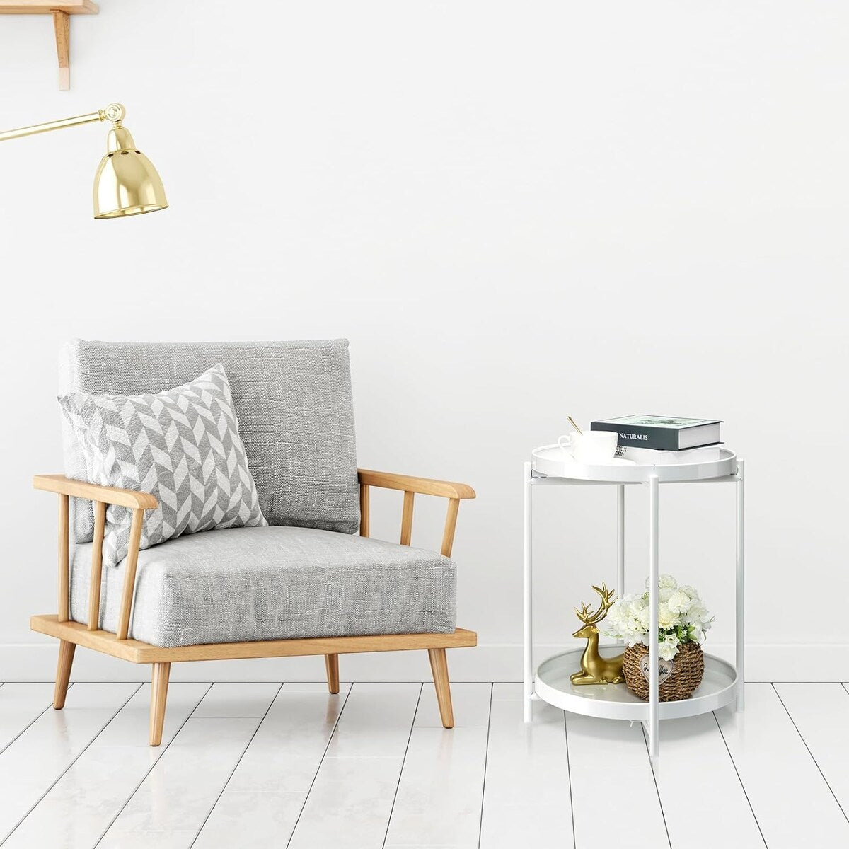 2-Tier Round Side Table, Metal End Table with Removable Tray