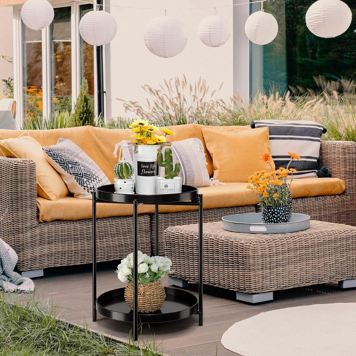 2-Tier Round Side Table, Metal End Table with Removable Tray