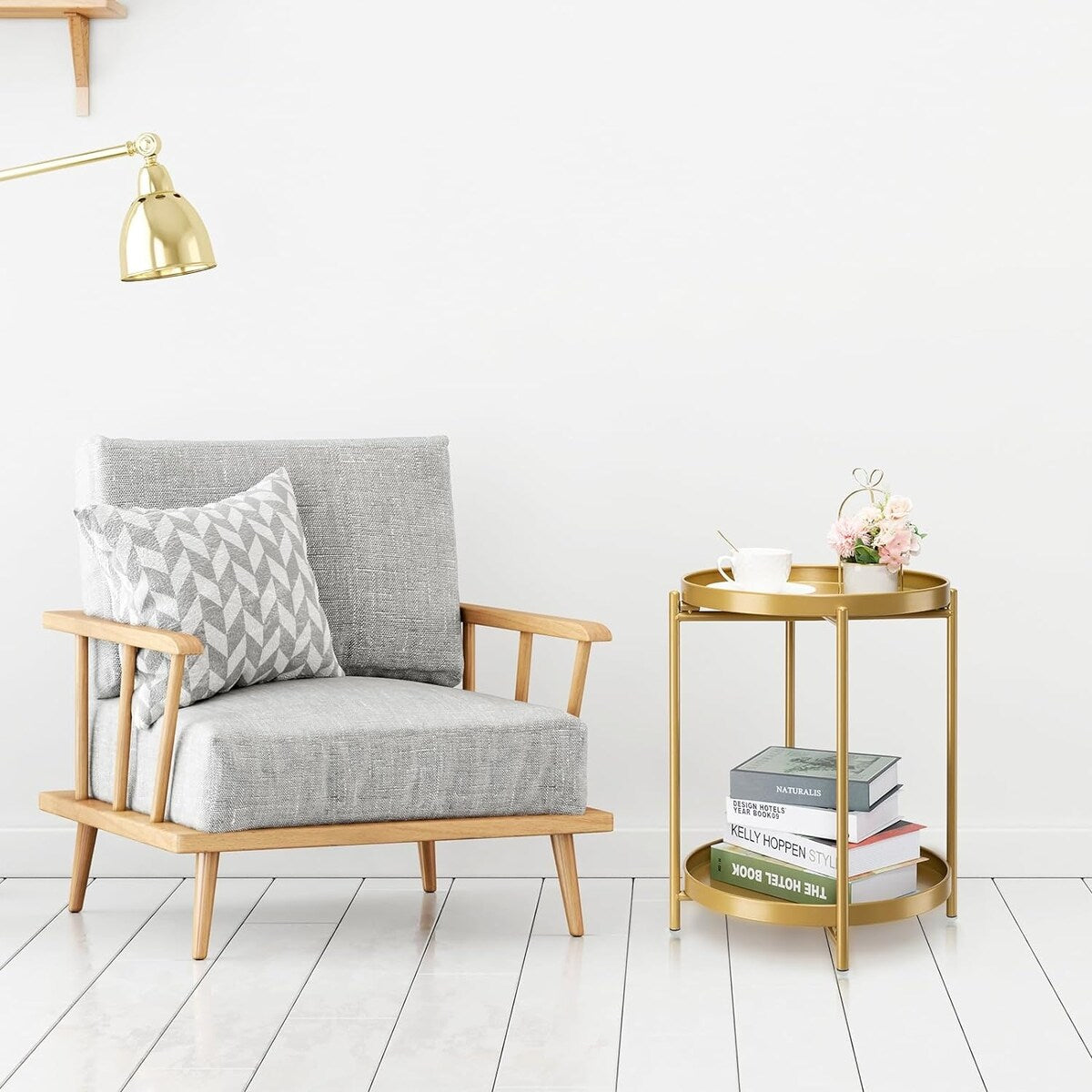2-Tier Round Side Table, Metal End Table with Removable Tray