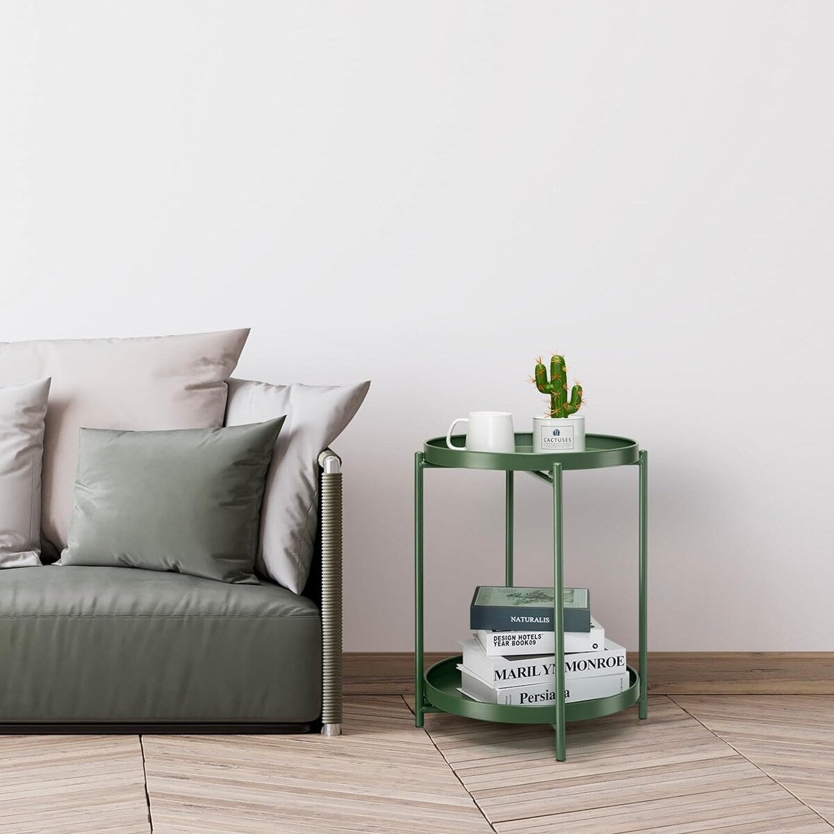 2-Tier Round Side Table, Metal End Table with Removable Tray