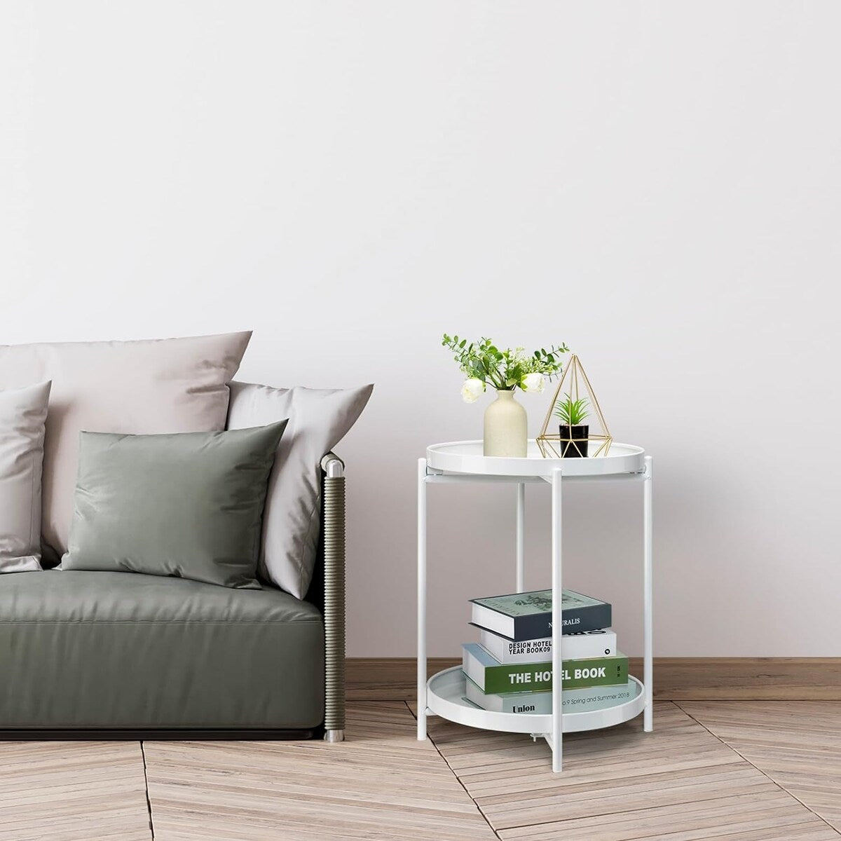 2-Tier Round Side Table, Metal End Table with Removable Tray
