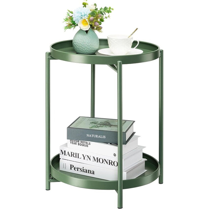 2-Tier Round Side Table, Metal End Table with Removable Tray