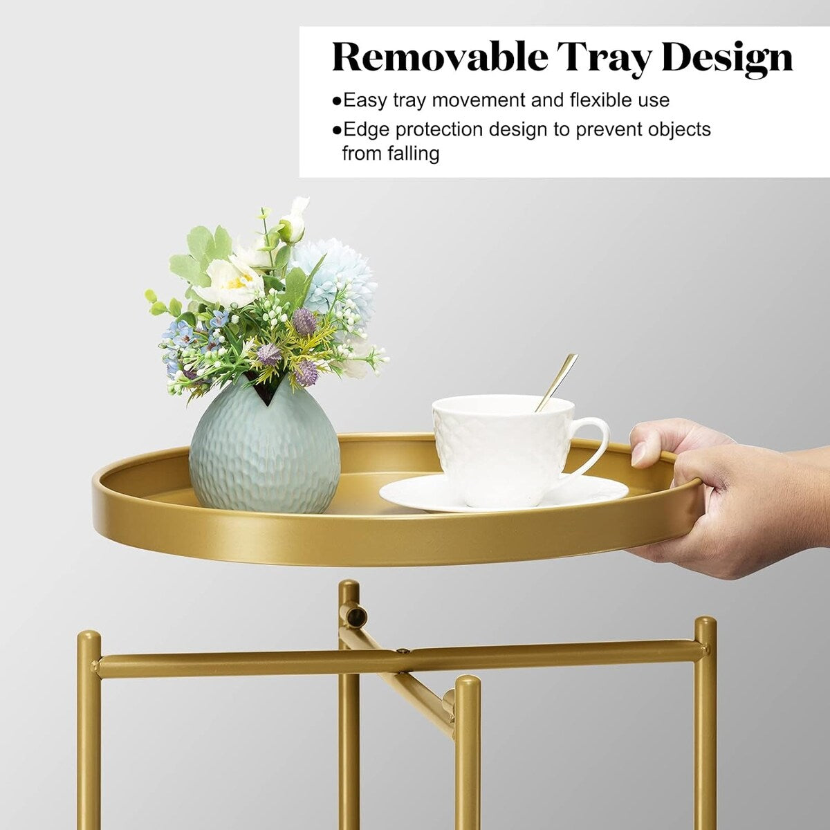 2-Tier Round Side Table, Metal End Table with Removable Tray