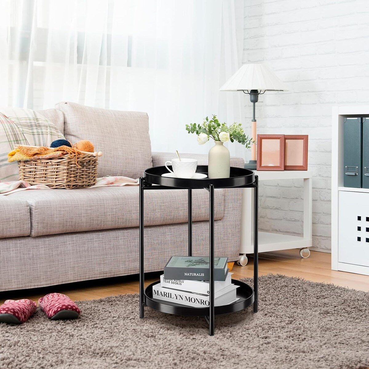 2-Tier Round Side Table, Metal End Table with Removable Tray