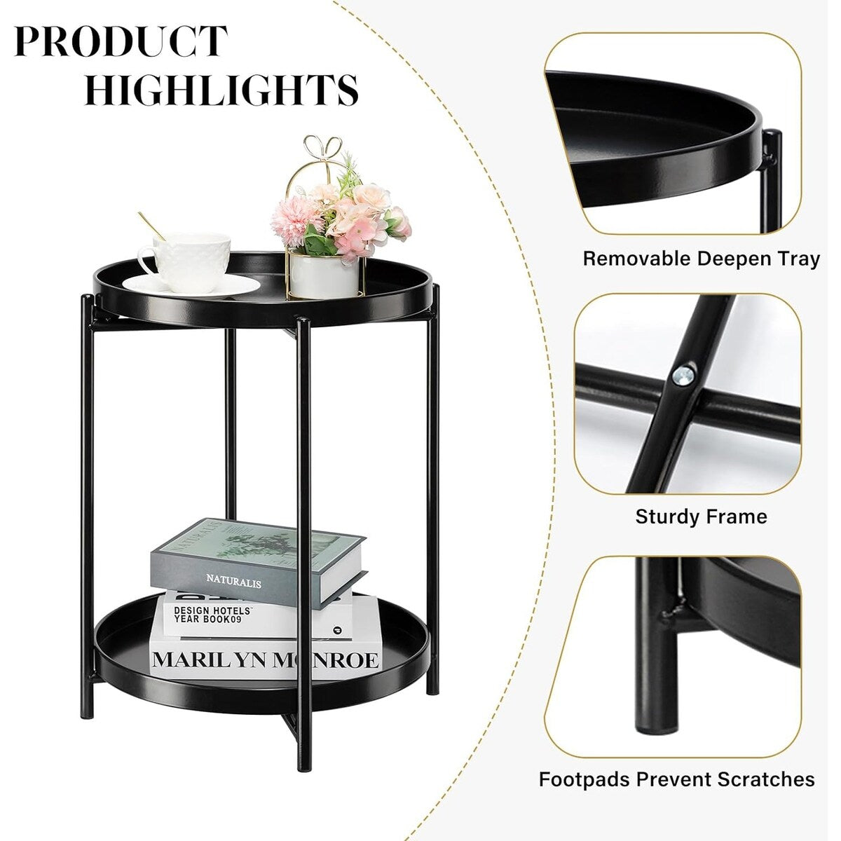 2-Tier Round Side Table, Metal End Table with Removable Tray