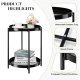 2-Tier Round Side Table, Metal End Table with Removable Tray
