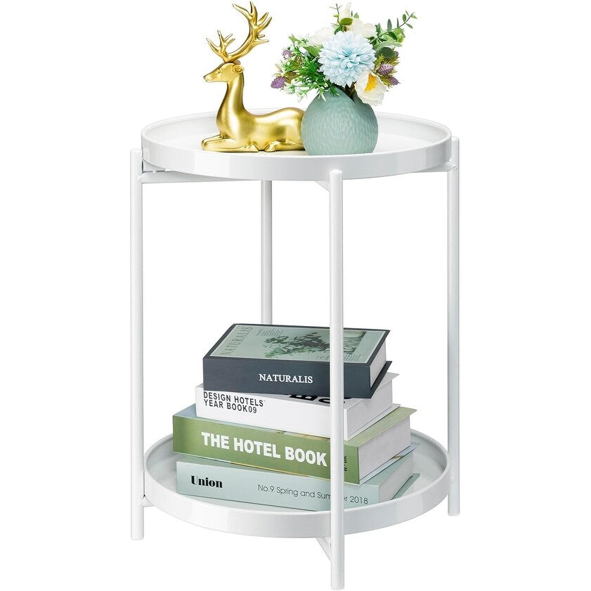 2-Tier Round Side Table, Metal End Table with Removable Tray