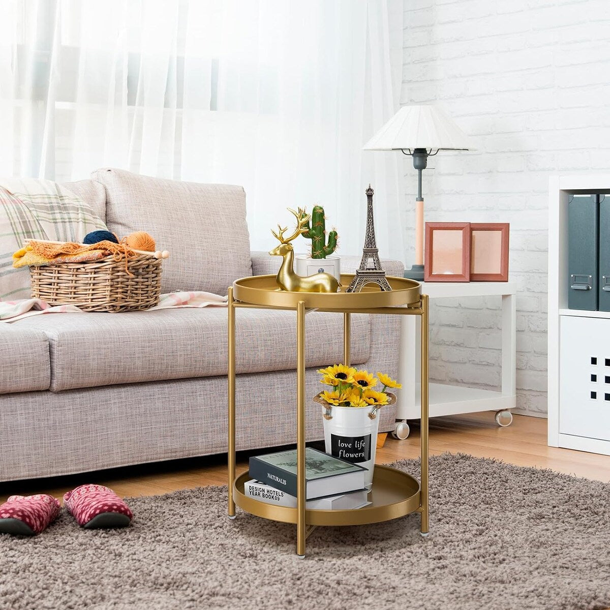 2-Tier Round Side Table, Metal End Table with Removable Tray