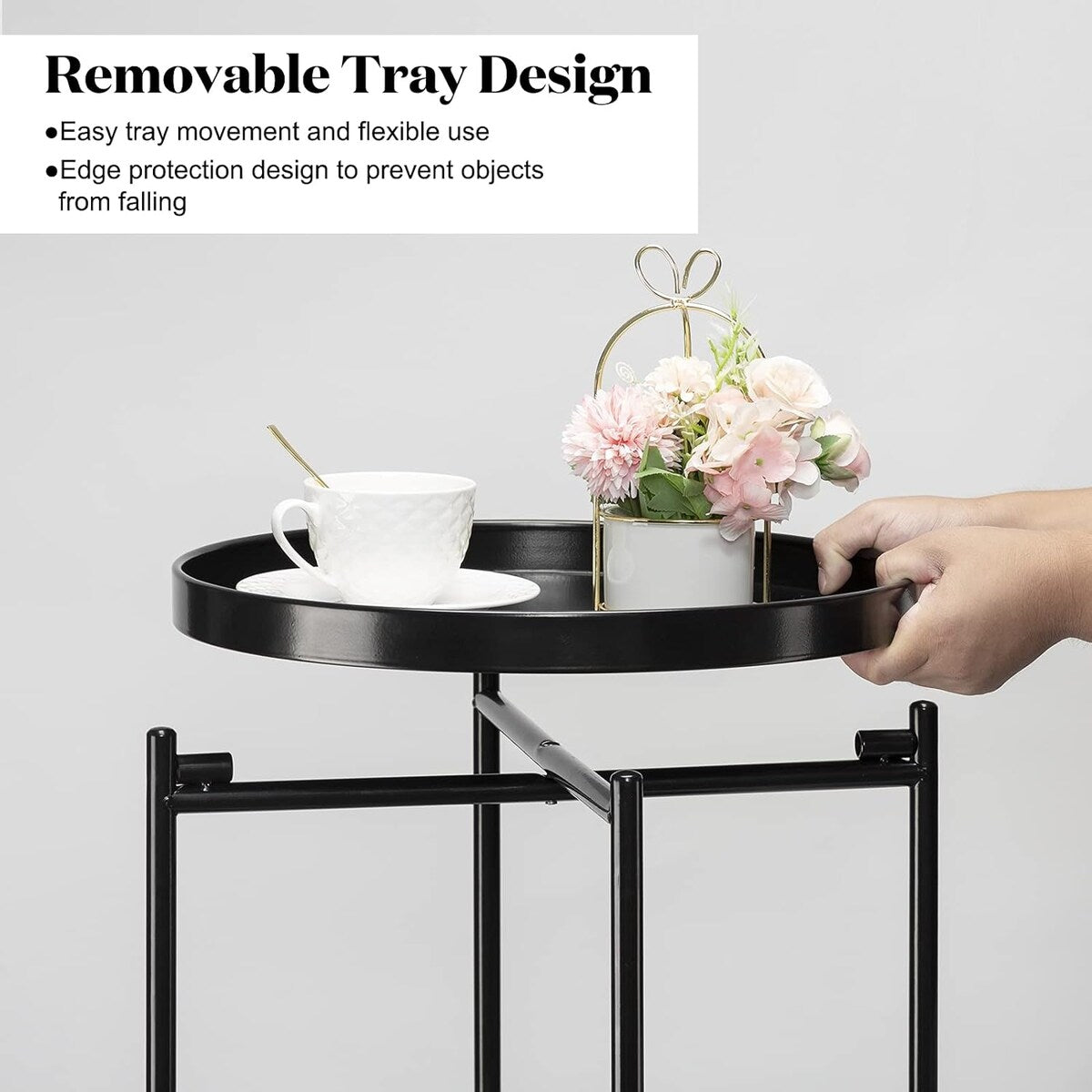 2-Tier Round Side Table, Metal End Table with Removable Tray