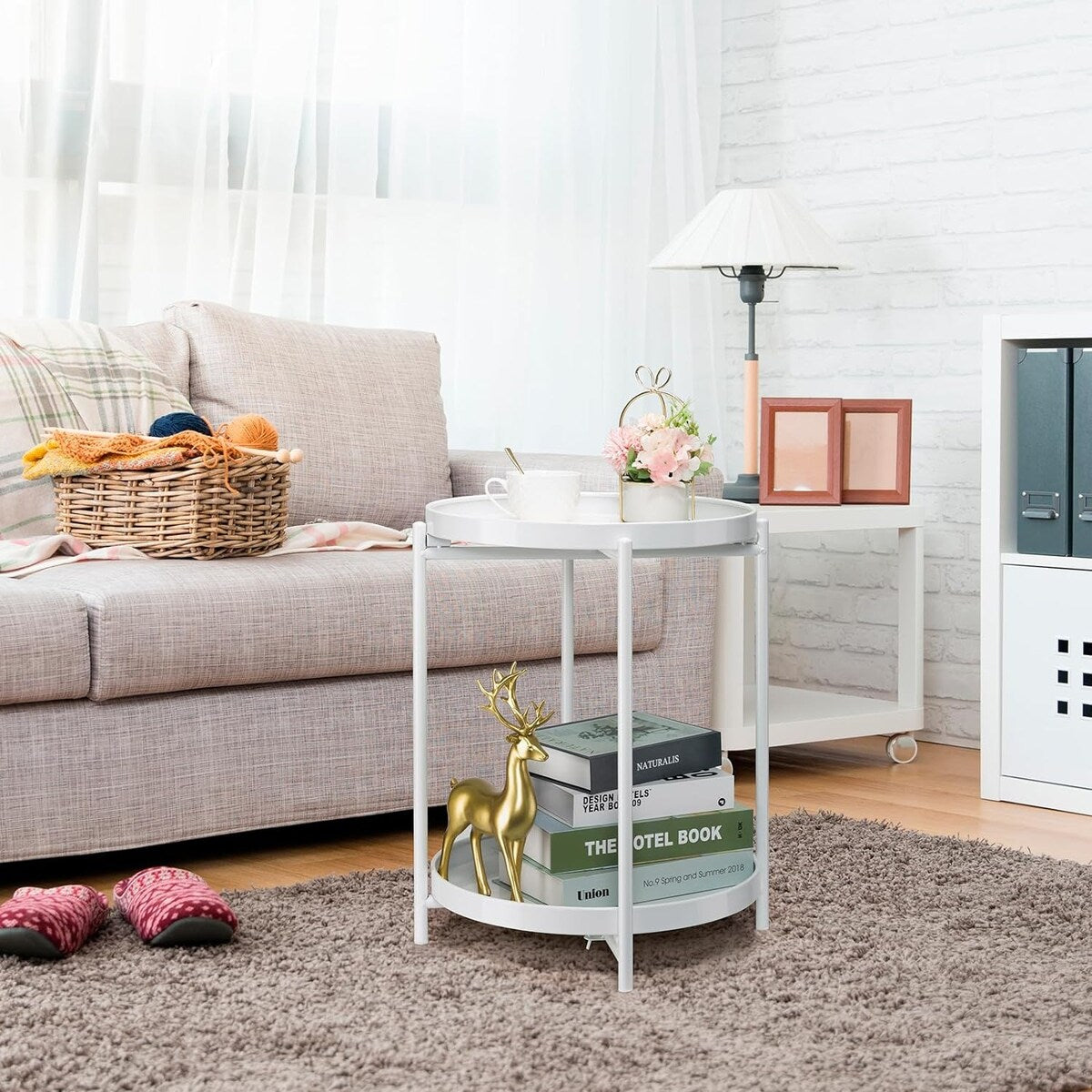 2-Tier Round Side Table, Metal End Table with Removable Tray