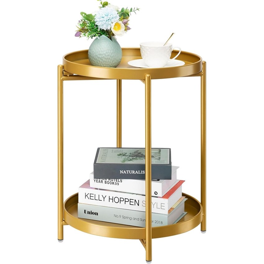 2-Tier Round Side Table, Metal End Table with Removable Tray