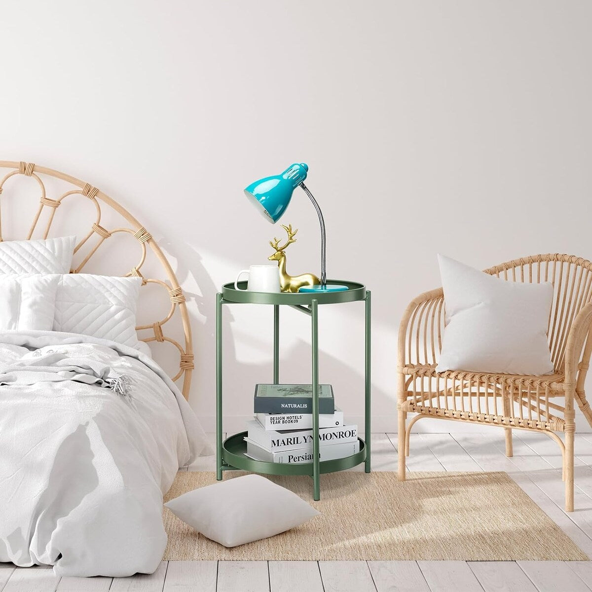 2-Tier Round Side Table, Metal End Table with Removable Tray