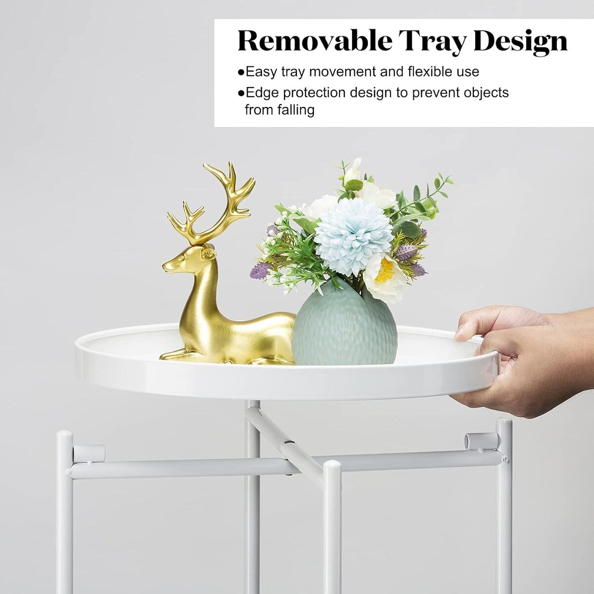2-Tier Round Side Table, Metal End Table with Removable Tray