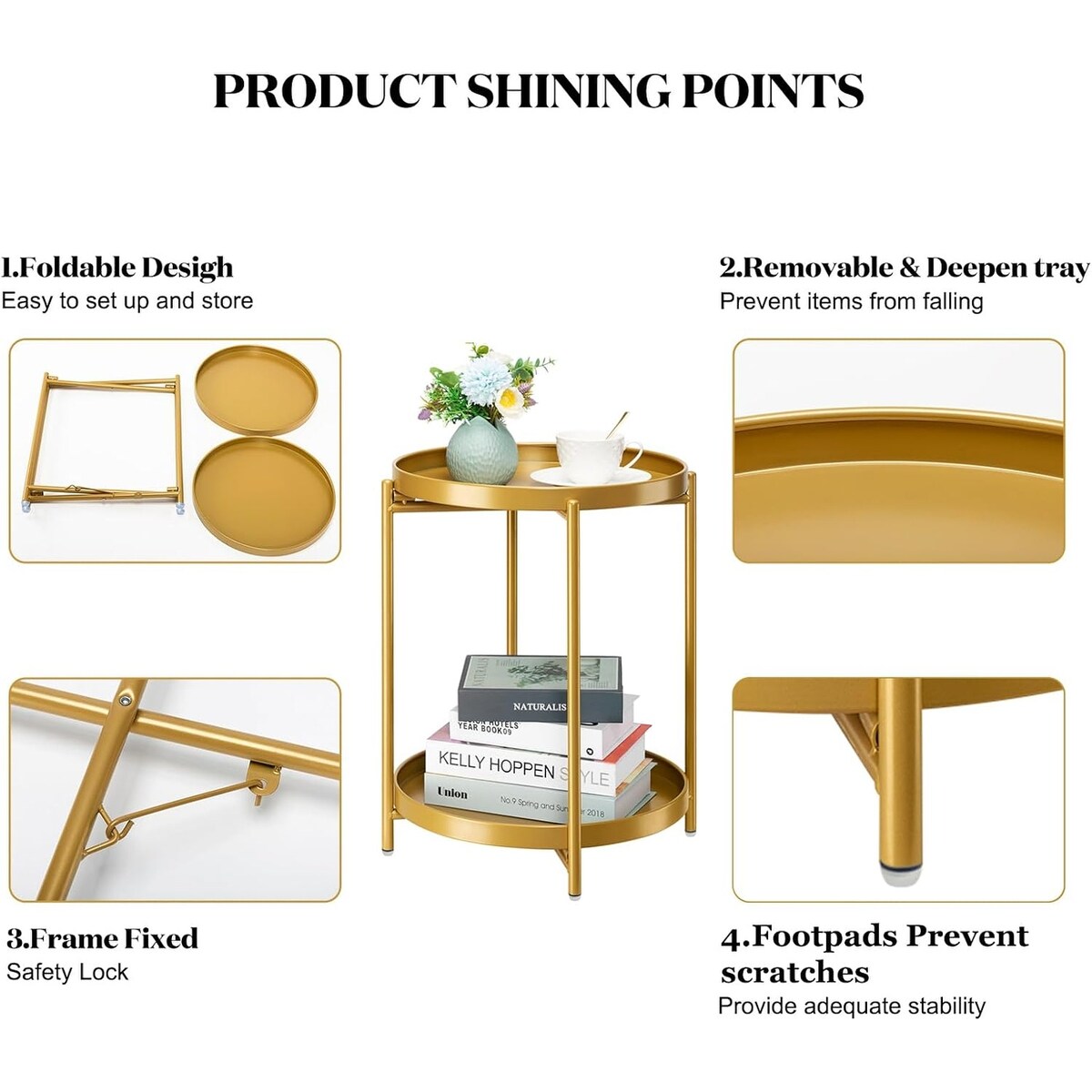 2-Tier Round Side Table, Metal End Table with Removable Tray