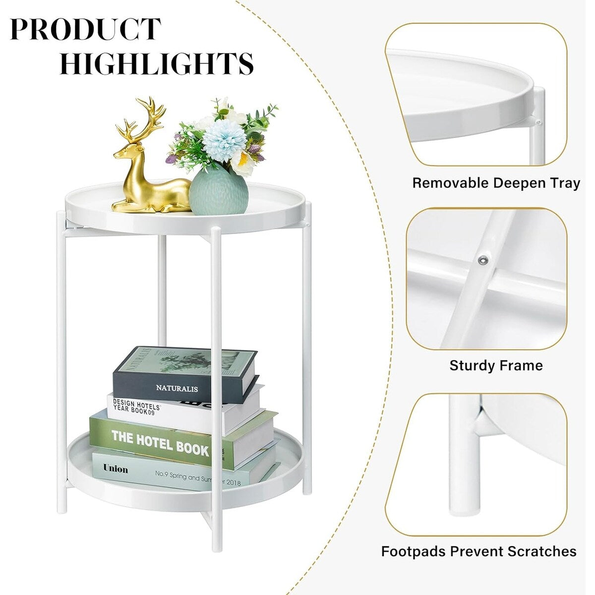 2-Tier Round Side Table, Metal End Table with Removable Tray