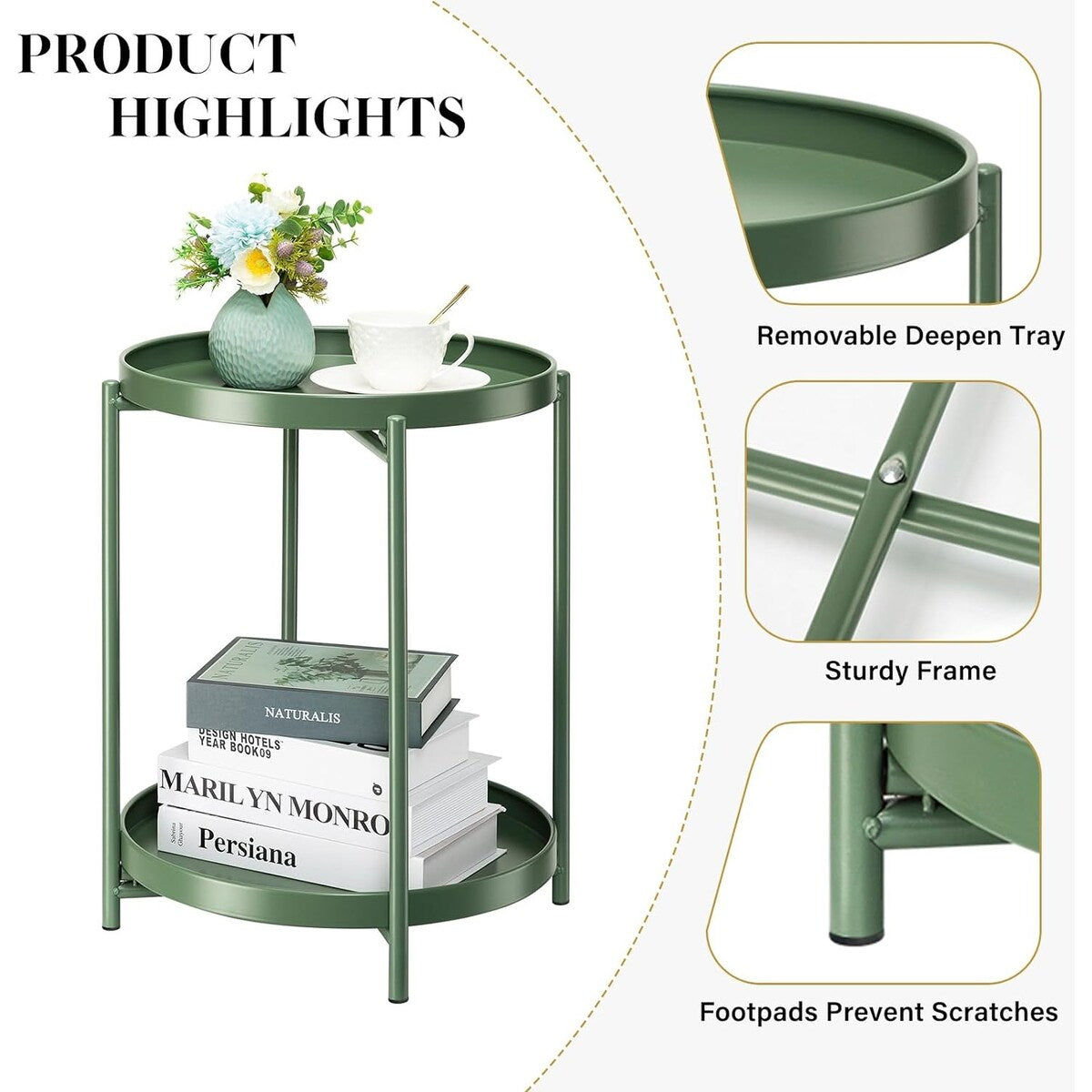 2-Tier Round Side Table, Metal End Table with Removable Tray