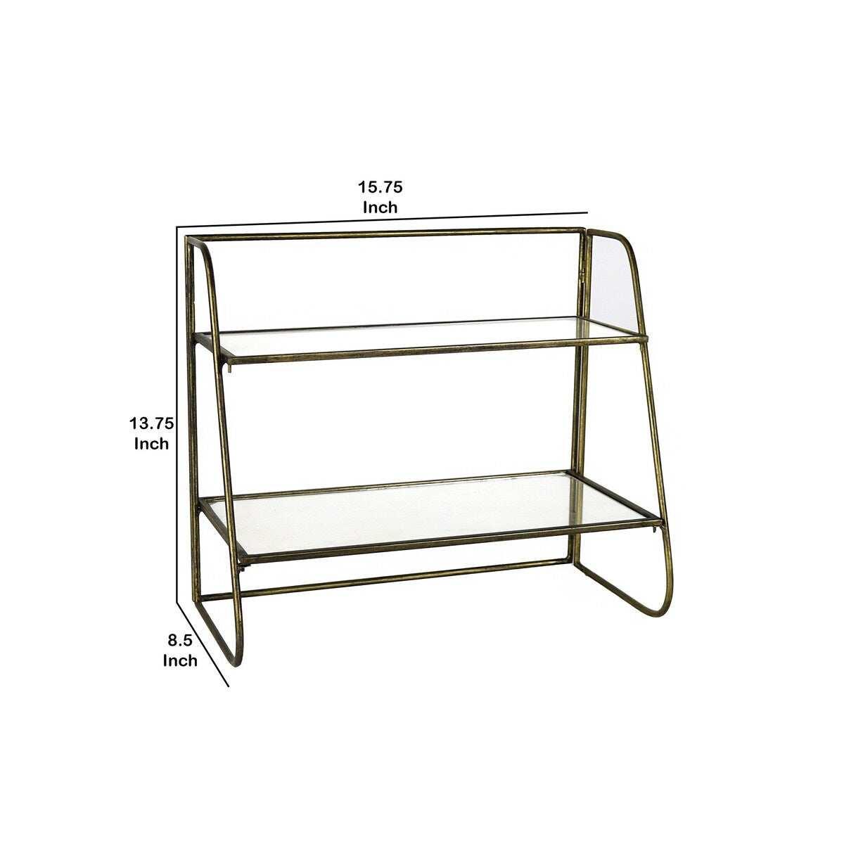2 Tier Tubular Metal Frame Stand with Glass Shelves, Brass and Clear