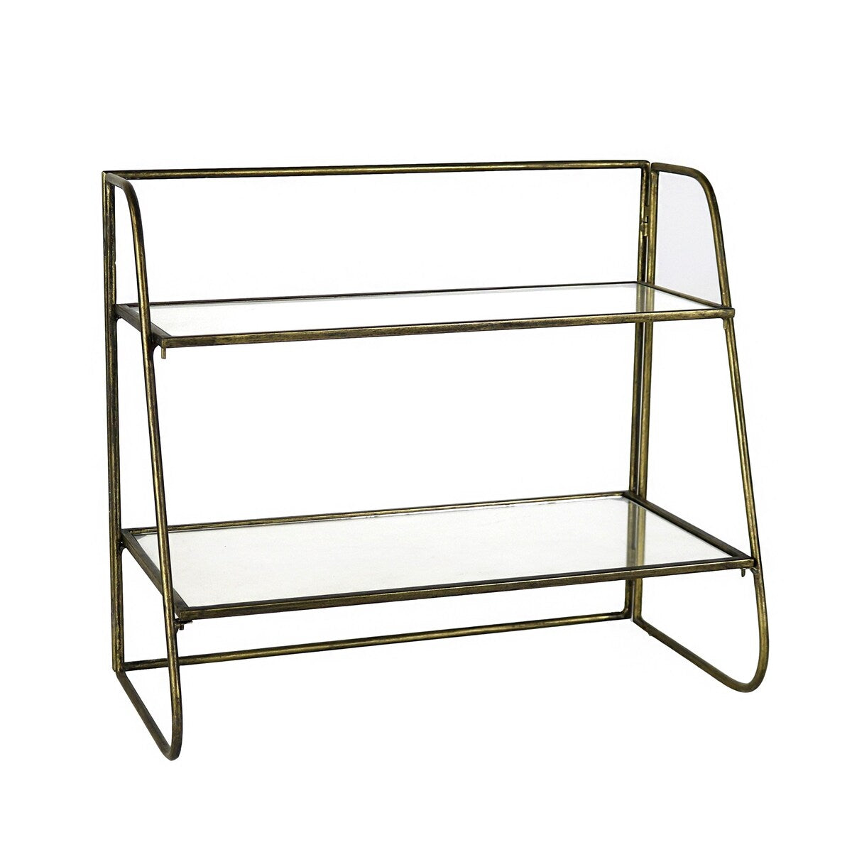 2 Tier Tubular Metal Frame Stand with Glass Shelves, Brass and Clear