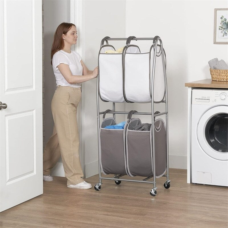2 Tier Vertical Rolling Laundry Cart Rolling Storage Cart On Wheels - 25"L x 15"W x 60"H