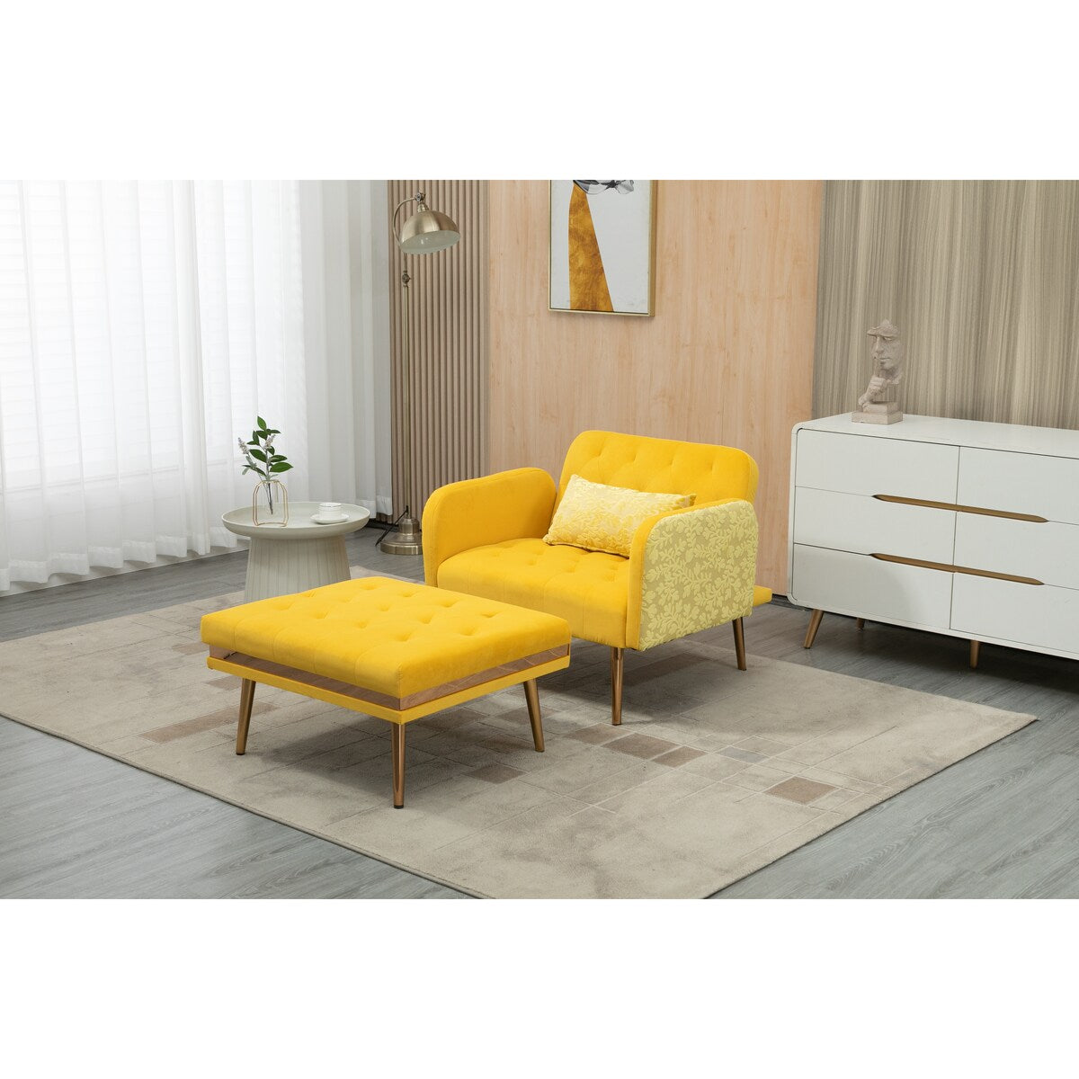 2 in 1 Chaise Velvet Lounge Chair Accent Chair with 3 Reclining Angles, Indoor Lounge Sofa with Ottoman & Elegant Pillow