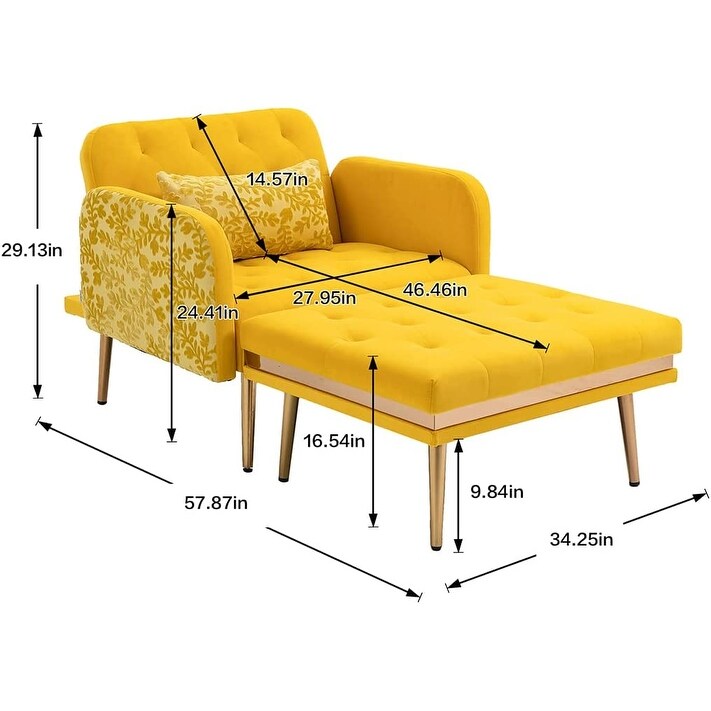 2 in 1 Chaise Velvet Lounge Chair Accent Chair with 3 Reclining Angles, Indoor Lounge Sofa with Ottoman & Elegant Pillow
