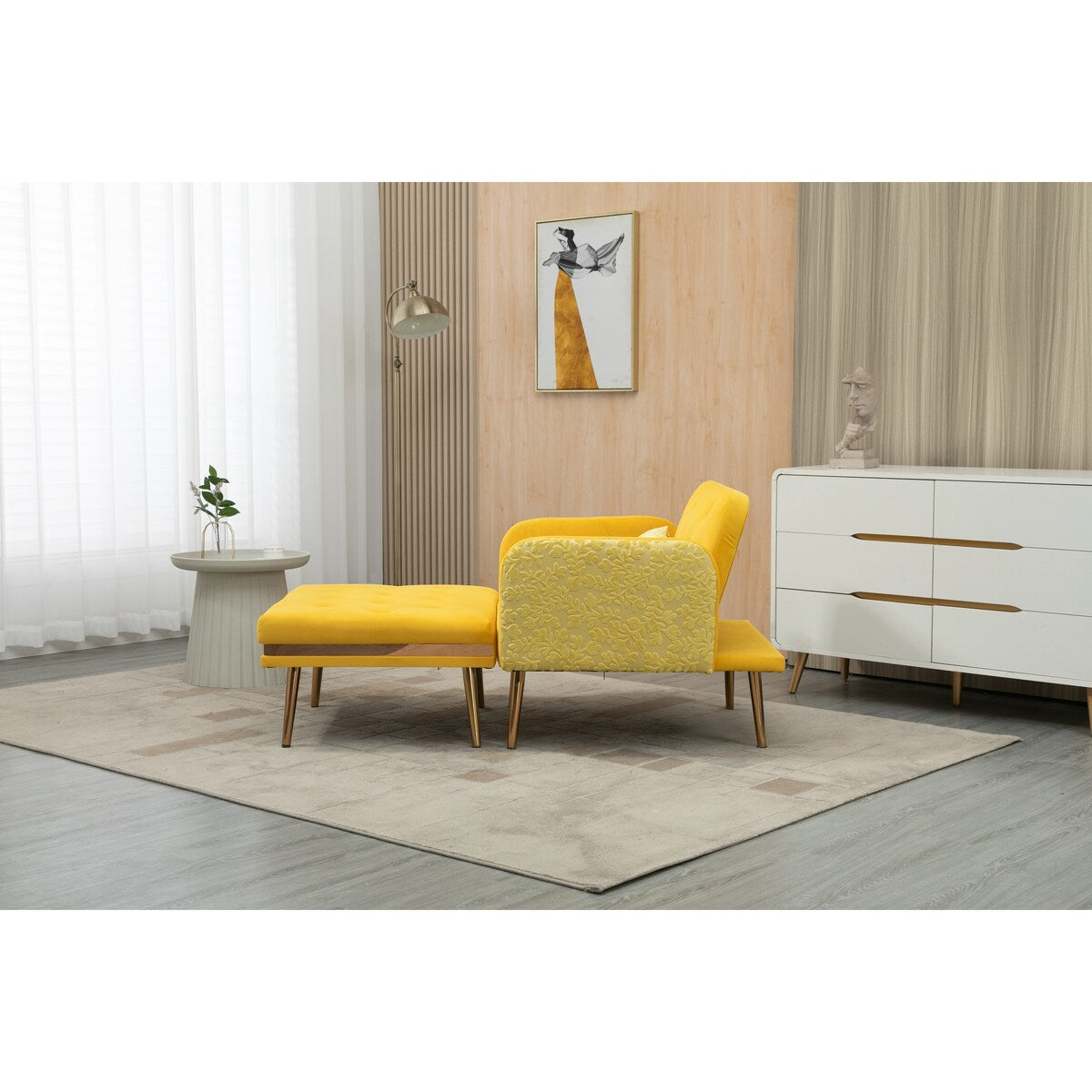 2 in 1 Chaise Velvet Lounge Chair Accent Chair with 3 Reclining Angles, Indoor Lounge Sofa with Ottoman & Elegant Pillow