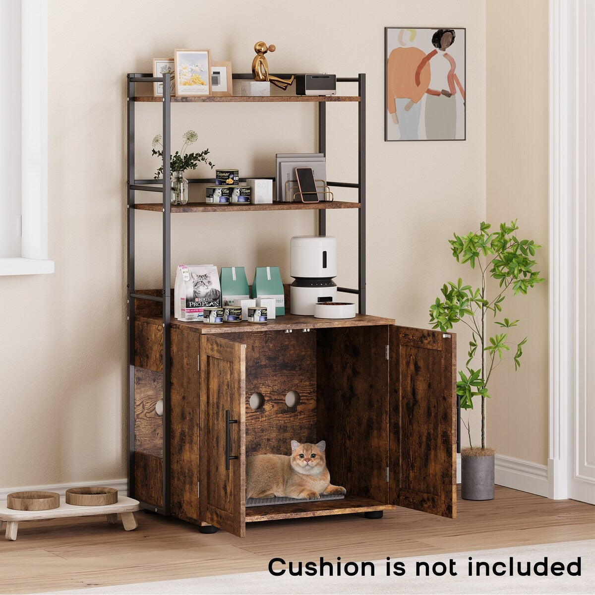 2-in-1 Hidden Cat Litter Box with 3 Shelves and Door