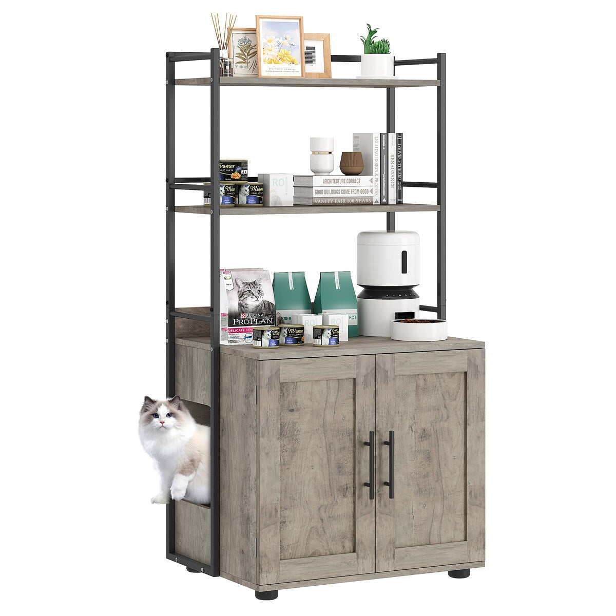 2-in-1 Hidden Cat Litter Box with 3 Shelves and Door