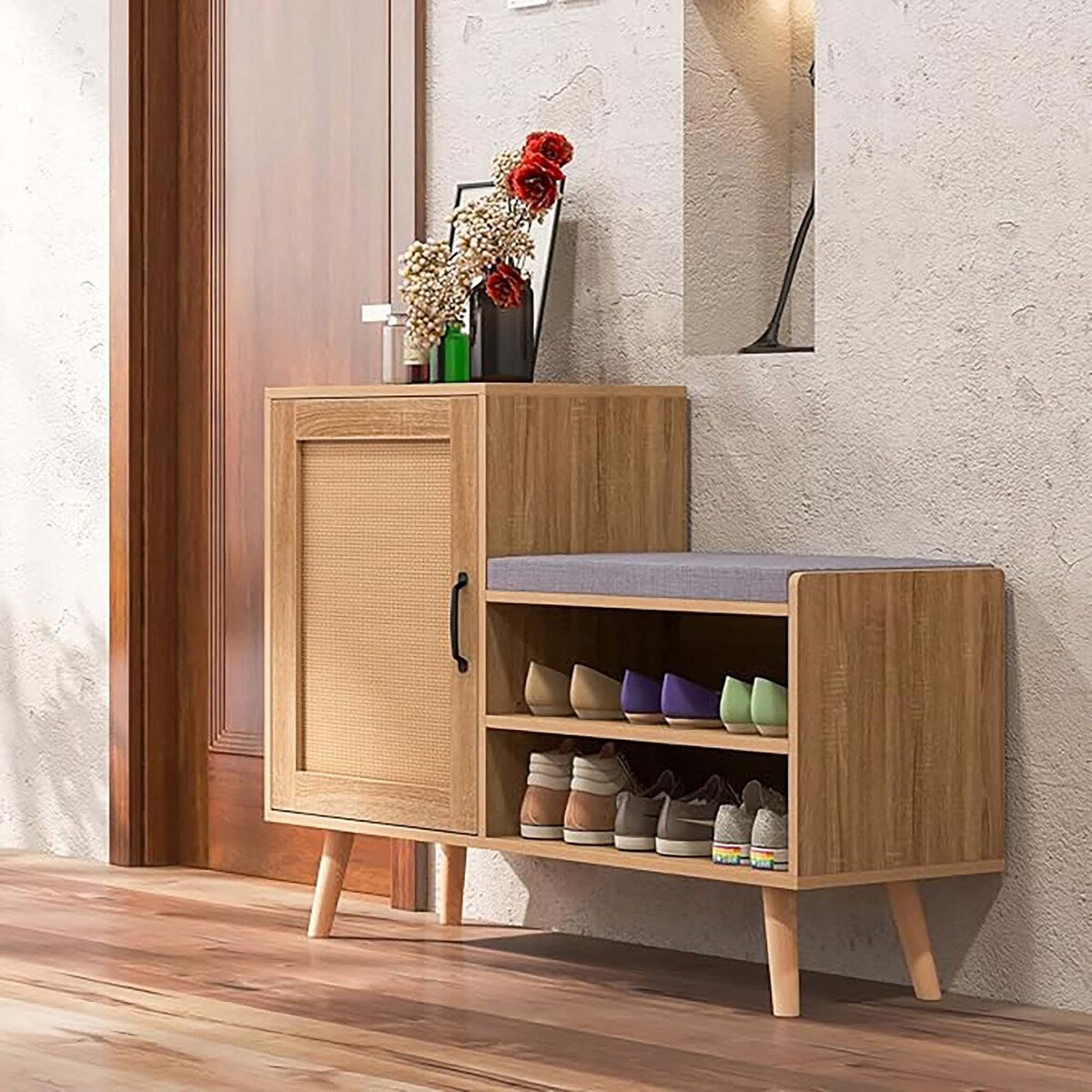 2 in 1 Rattan Shoe Cabinet w Bench 3 Adjustable Shelves Wood Legs