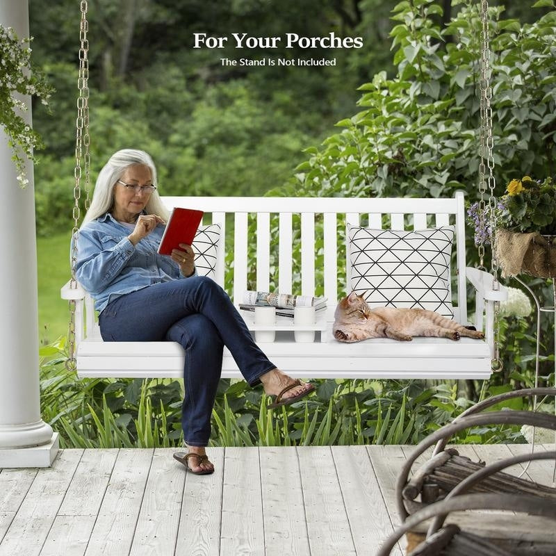 2-person Wooden Patio Porch Swing with Cup Holder