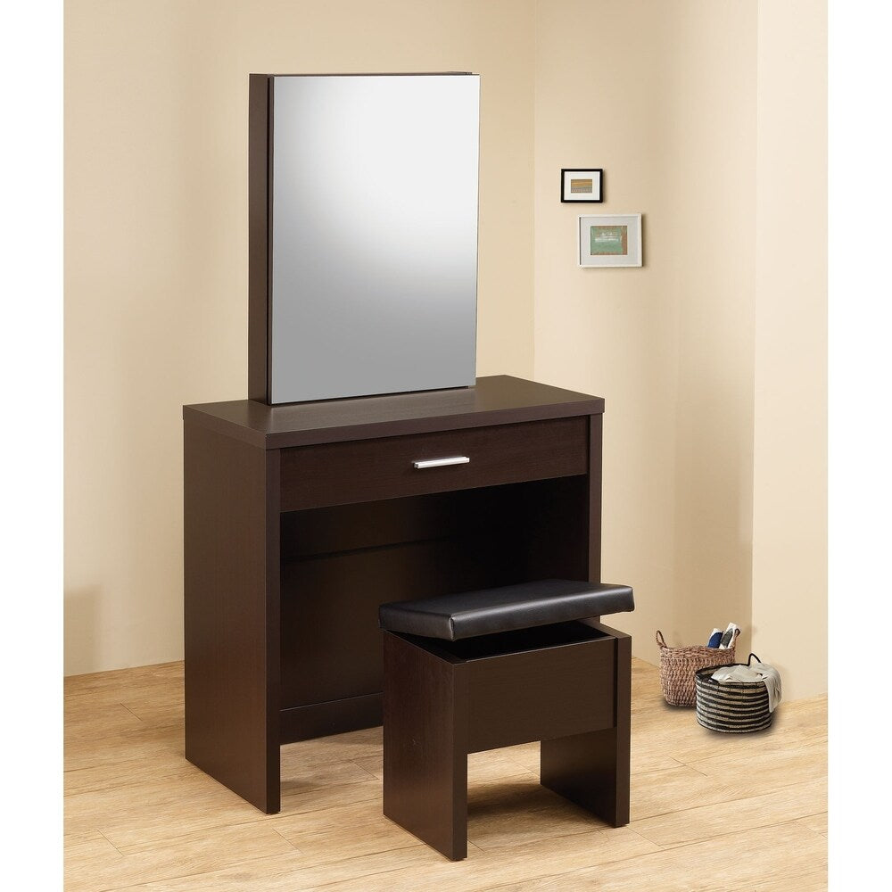 2-piece Vanity Set with Hidden Mirror Storage and Lift-Top Stool Cappuccino and Black