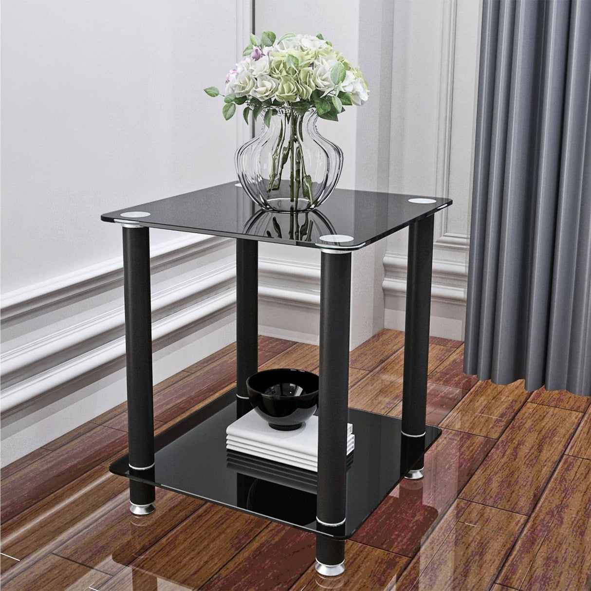 2-tiers Storage Shelf End Table Modern Rectangle Side Table with Metal Tube Legs Sofa Table with Tempered Glass Tabletop
