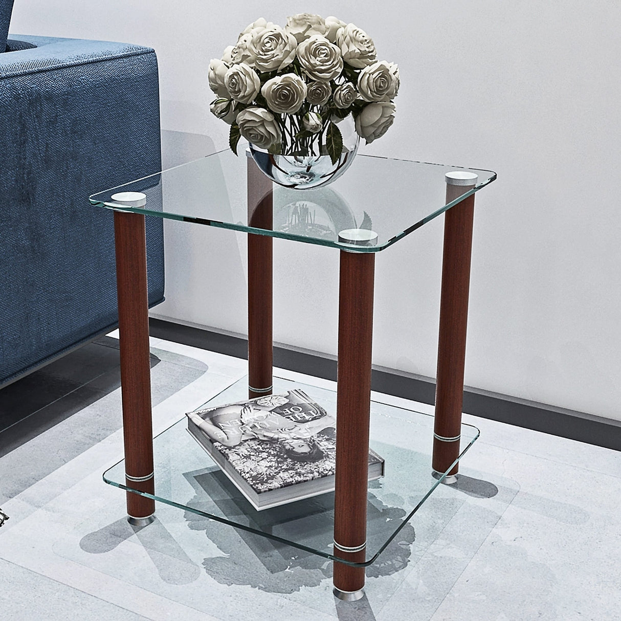 2-tiers Storage Shelf End Table Modern Rectangle Side Table with Metal Tube Legs Sofa Table with Tempered Glass Tabletop