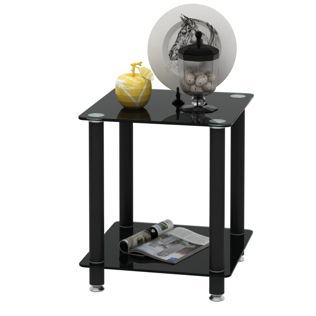 2-tiers Storage Shelf End Table Modern Rectangle Side Table with Metal Tube Legs Sofa Table with Tempered Glass Tabletop