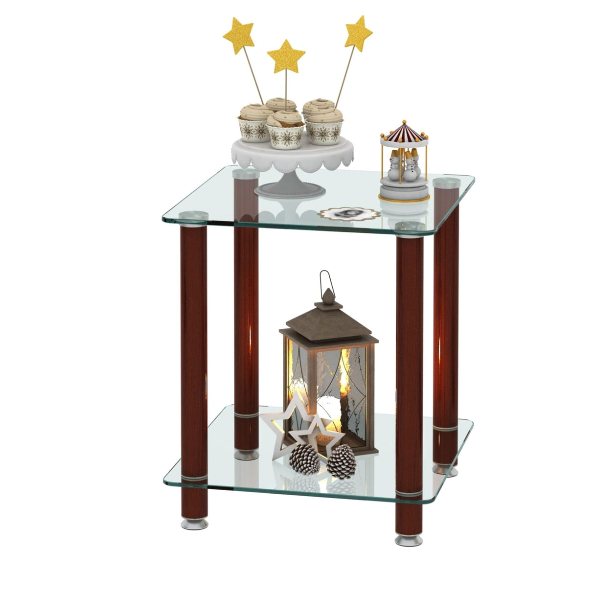2-tiers Storage Shelf End Table Modern Rectangle Side Table with Metal Tube Legs Sofa Table with Tempered Glass Tabletop