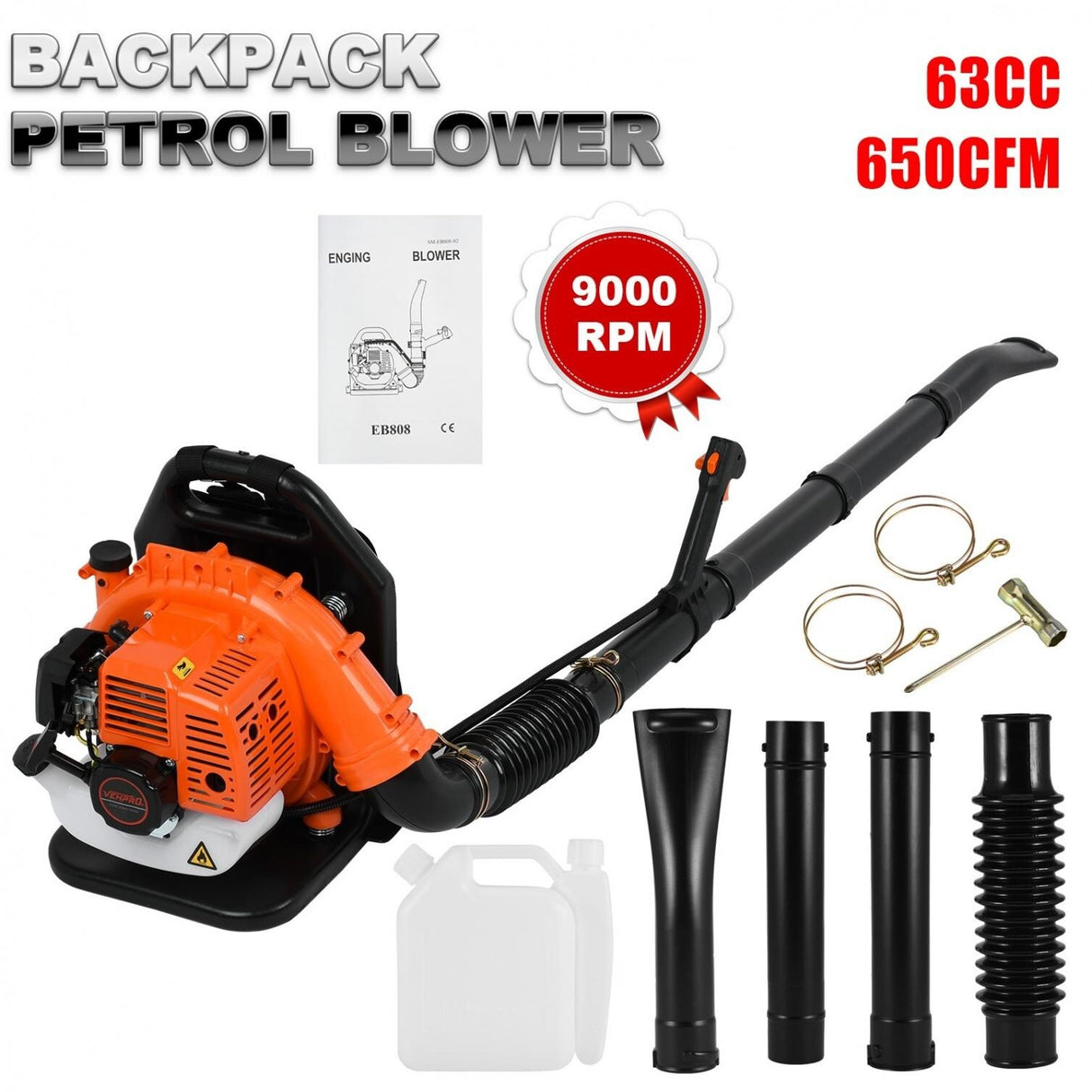 2.3hp High Performance Gas Powered Back Pack Leaf Blower 2-Stroke 63cc - 11.8x13.8