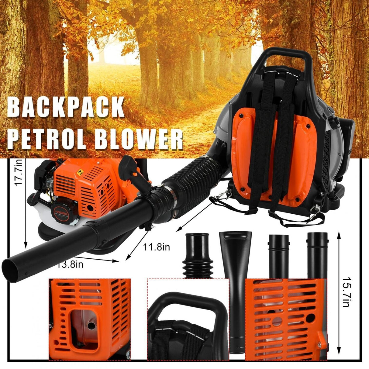 2.3hp High Performance Gas Powered Back Pack Leaf Blower 2-Stroke 63cc - 11.8x13.8