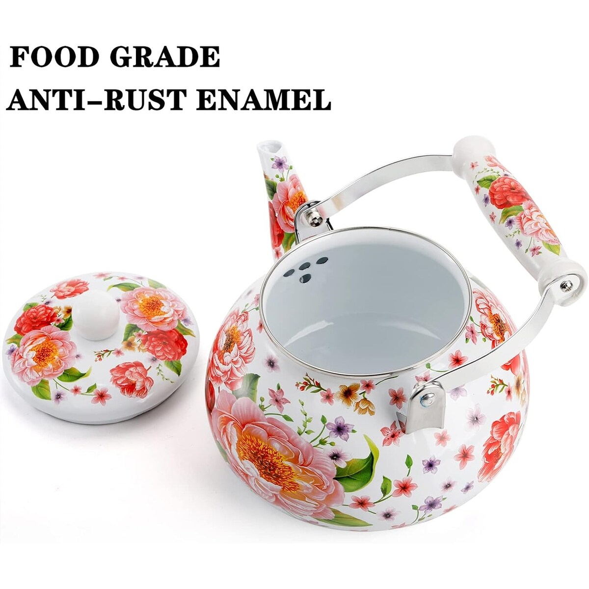 2.6 Quart Vintage Enamel Tea Kettle with Cool Touch Porcelain Handle for Stovetop Home Kitchen Decor