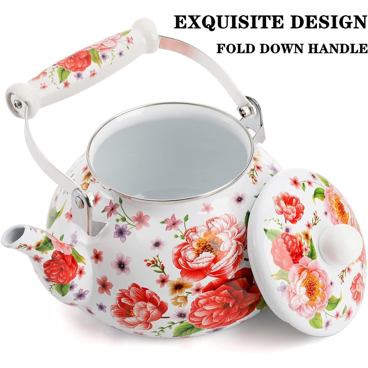2.6 Quart Vintage Enamel Tea Kettle with Cool Touch Porcelain Handle for Stovetop Home Kitchen Decor