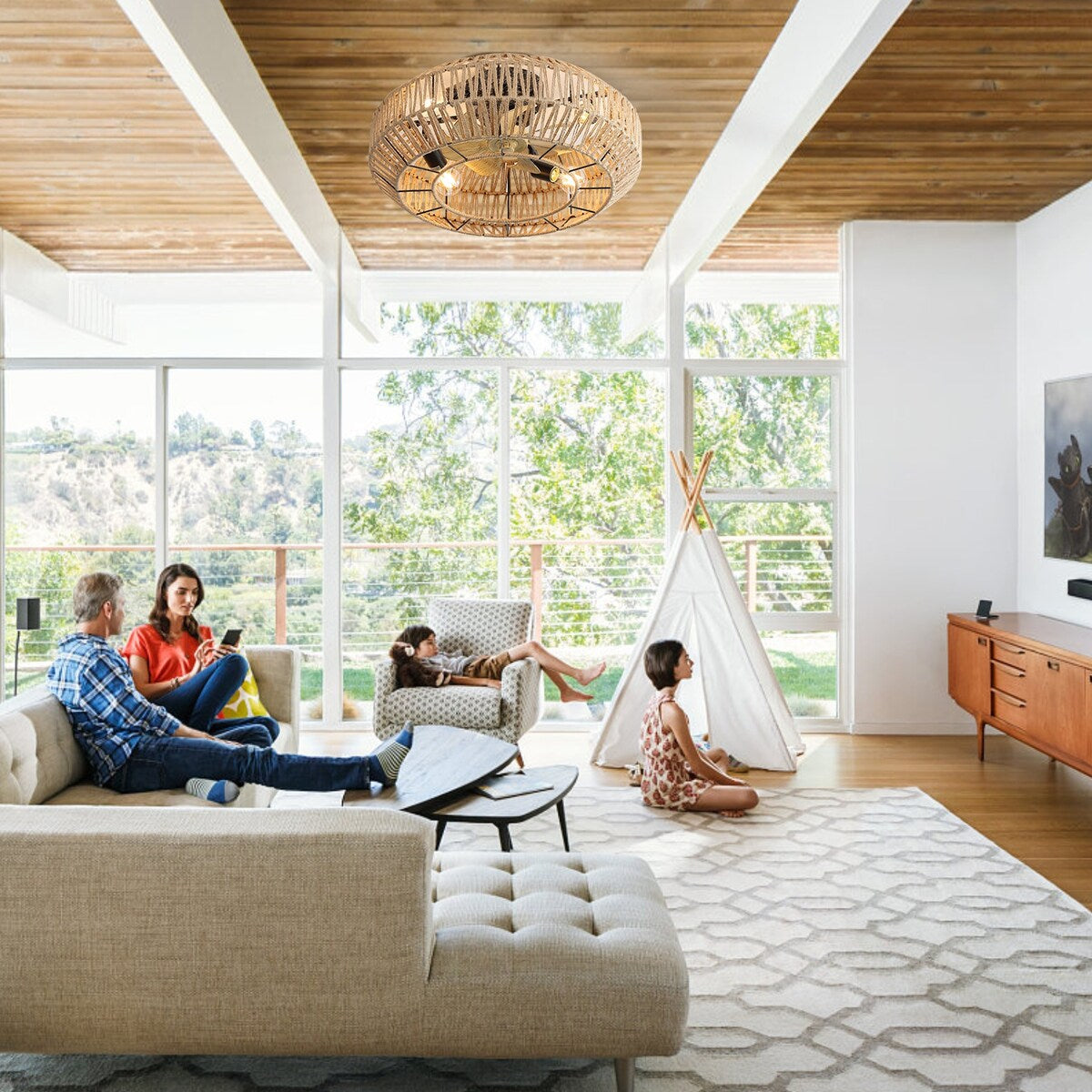 20 Inch New Boho Caged Ceiling Fan With Enclosed Rattan 6 Speeds Remote Control Reversible DC Motor For Living Room