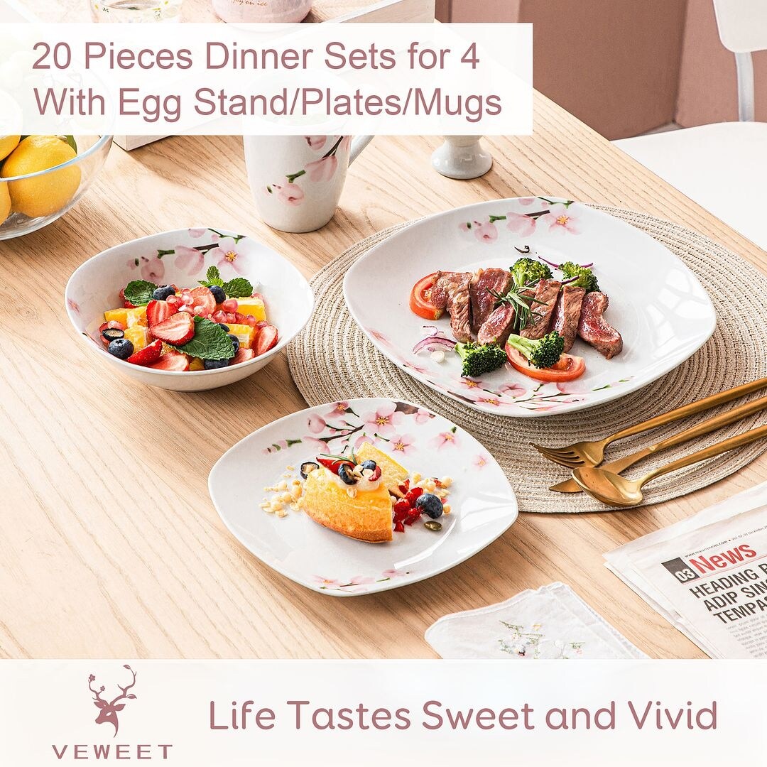 VEWEET 20-Piece White Porcelain Dinnerware Set (Service for 4)