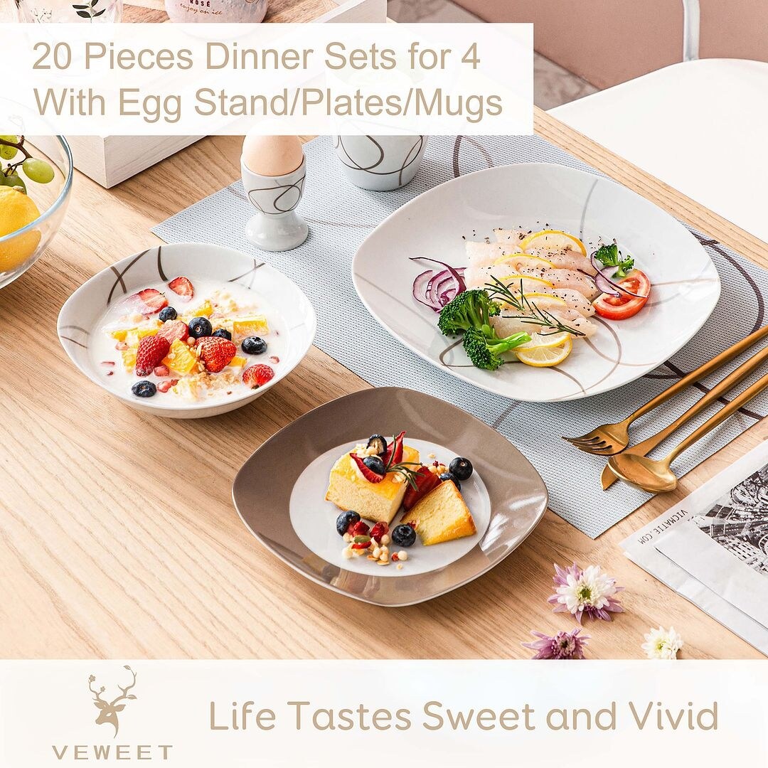 VEWEET 20-Piece White Porcelain Dinnerware Set (Service for 4)