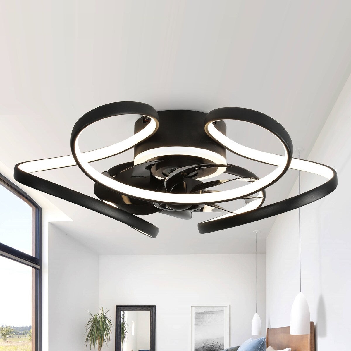 20 " Modern Flush Mount Ceiling Fan with Curve LED Light Kit 3 Light Tone Dimmable Light 6 Fan Speed Remote and App Control