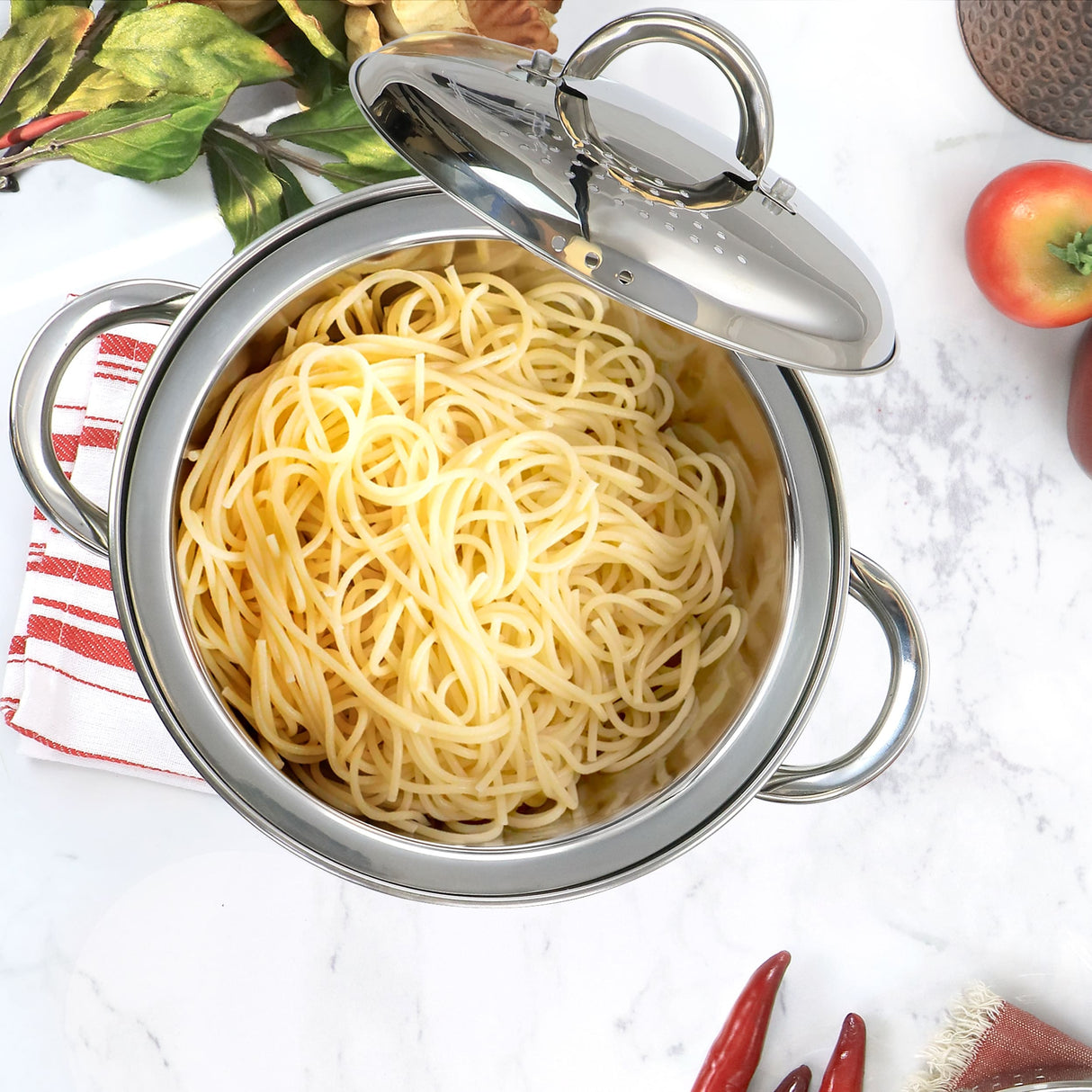 20 cup Stainless Steel Pasta Pot with Strainer Lid and Steamer Insert